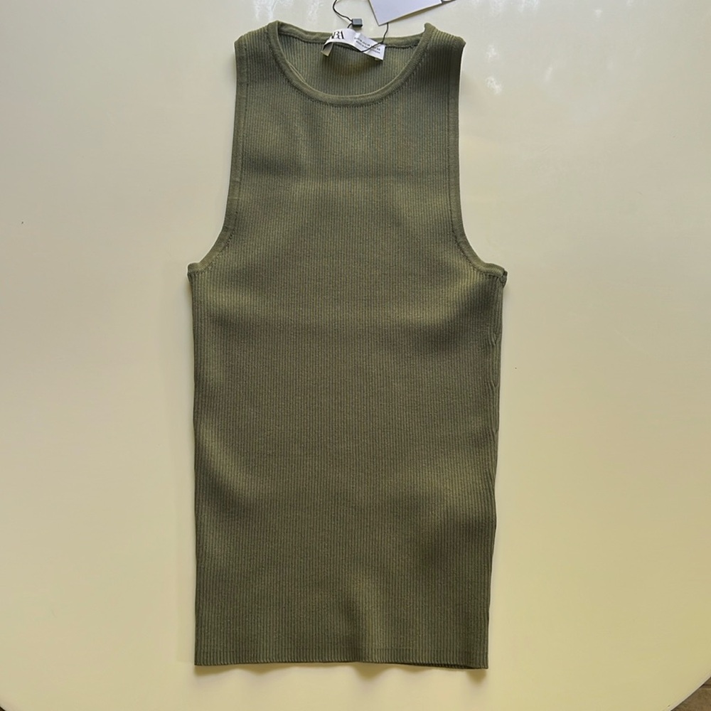 NWT Zara Army Green Olive Sweater High Neck Ribbed Tank Top Sz M